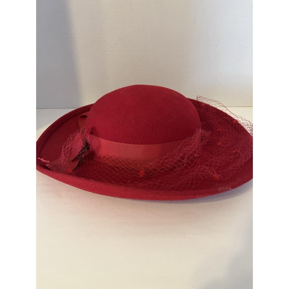 Vintage Michael Howard Red Wool Hat Net Veil Bow Miss Bierner 100% Wool - Picture 3 of 9